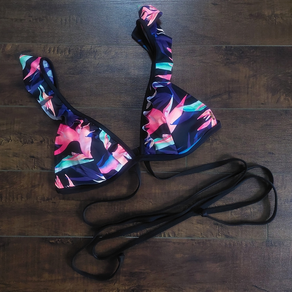 Victoria's Secret PINK Body Wrap Ruffle Bikini Top Black Tropical Size Large